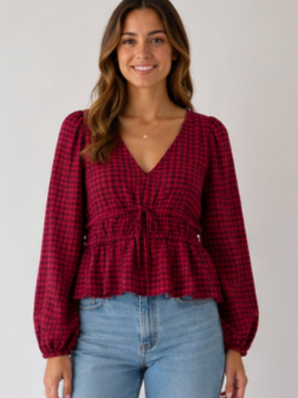 Madewell Red Gingham Peplum Blouse | Puff Sleeve